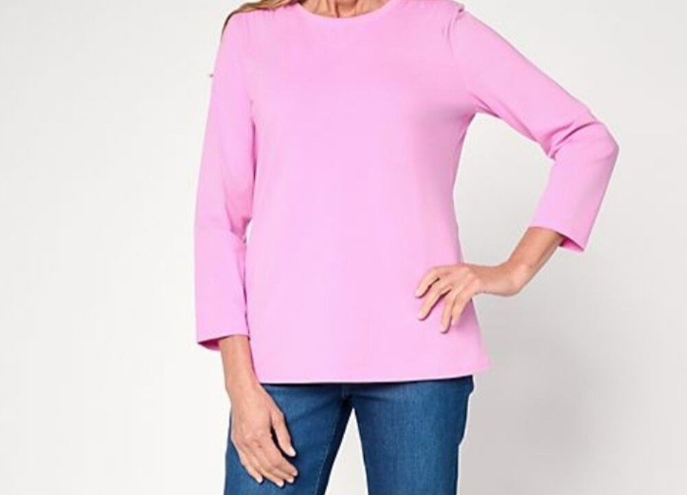 Denim & Co Size M Orchid Perfect Jersey Bracelet Sleeve Top Ruching A715786 NWOT